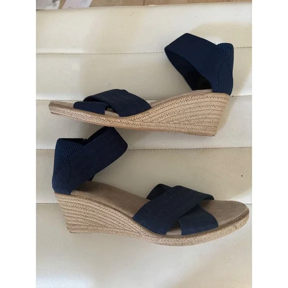 Navy Blue Wedge Espadrille Sandals Women Elastic Ankle Strap Comfort - Picture 5 of 8